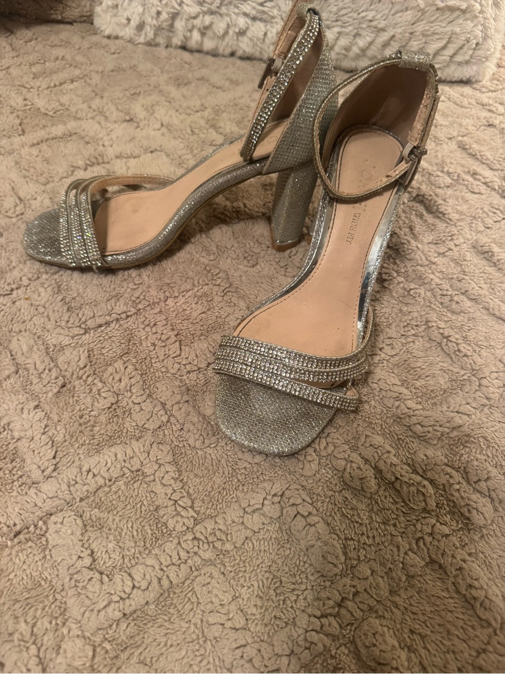 Women's Silver Glitter Ankle Strap Block Heel Sandals